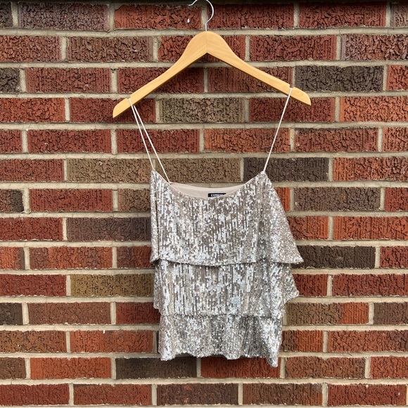 Express Champagne Rose Gold Glittery Sequin Spaghetti Strap Flounce Top - Picture 2 of 6